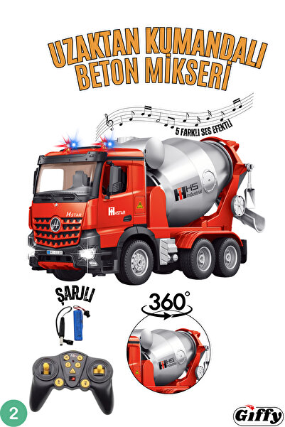 giffy Oyuncak Uzaktan Kumandalı Damperli Kamyon ve Beton Mikseri Şarjlı İş Makinesi İkili Set Sesli Işıklı