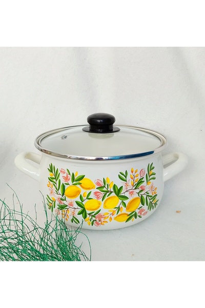 EBRULİEMAYE Lemon Flower Enamel Pot 2.8 Liters 20 cm Diameter Milk Yogurt Soup Pot