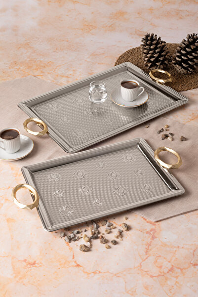 Le Paon طقم صواني من الفولاذ المقاوم للصدأ الفضي مكون من قطعتين - صينية تقديم وعرض بمقابض ذهبية، لا تفقد بريقها ولا تبهت