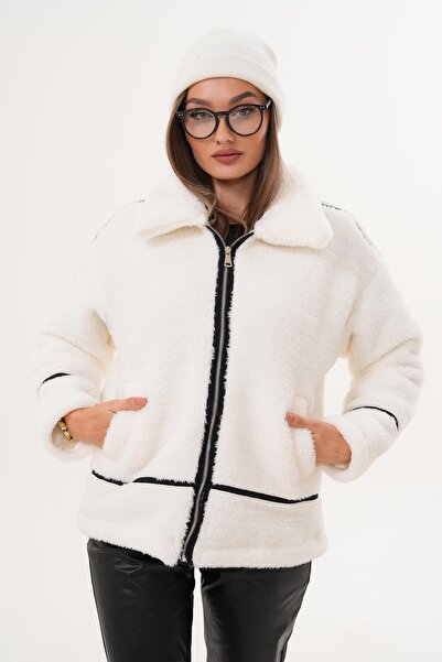 ŞİMAL Women's Striped Detail Zipper Closure Plush Jacket 255125 -