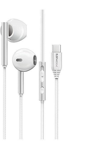 Promate Laxi-S USB-C Wired Earphones with ENC Mic, 14mm Drivers, Aluminum, White