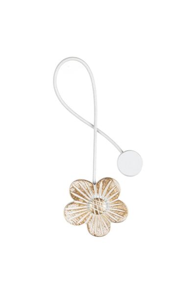 SHOPIENS Broșă decorativă pentru perdea - Floare din lemn, aurie și alb patinat, magnet, 6 cm