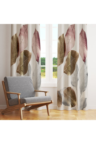 LadiesHome Krem Zemin Üzerinde Pembe, Kahverengi ve Gri Yaprak Desenli Tek Ka...