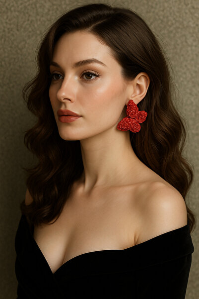 Atölye Myth Red Blossom Elegance Çiçek Dokulu Kırmızı Kelebek Küpe - Şık ve Z...