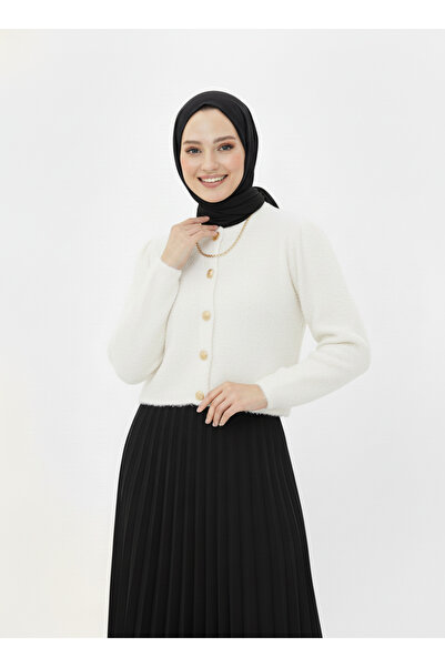 BENAHOLL Camuna Gold Buttoned Mini Plush Cardigan-Zi̇5558 White