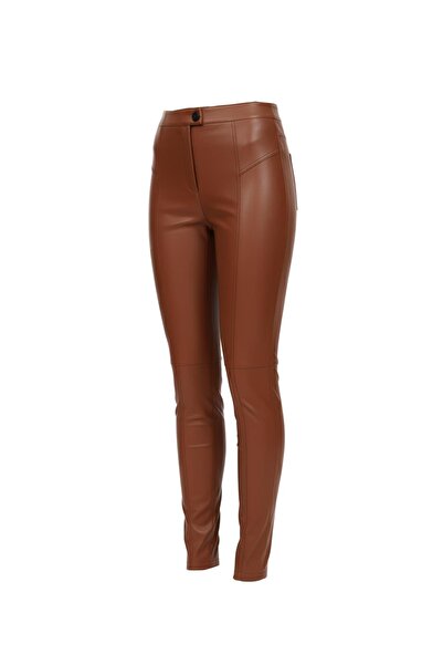 Deriderim Cognac Women's Leggings Unlined Front Zipper Buttoned No Pockets Skinny Leg Genuine Stretch Leather Pants
