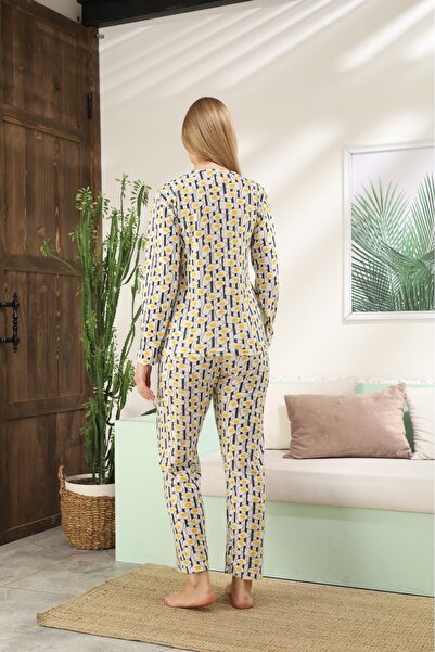 LİLA İÇ GİYİM Printed Report Interlock Yellow Patterned Long Sleeve Pajama Set