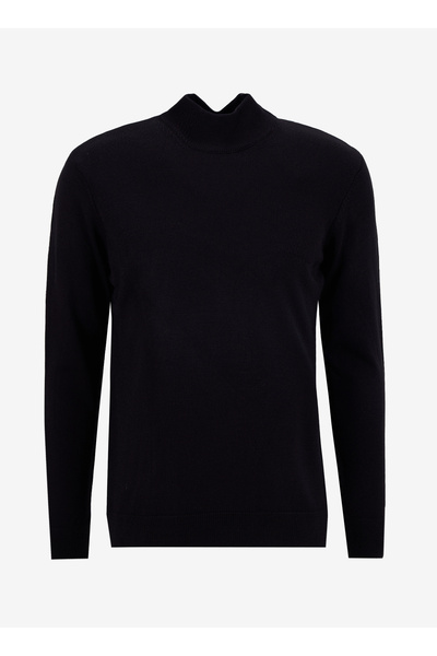 People By Fabrika Dik Yaka Basic Düz Siyah Erkek Kazak PBF5WM-KZK9556