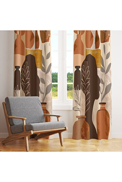 LadiesHome Bej Kahve Etnik Çiçekli Portre 140x260 Tek Kanat Fon Perde