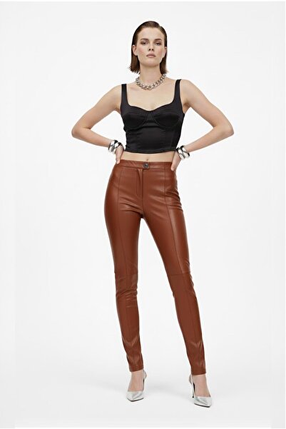 Deriderim Cognac Women's Leggings Unlined Front Zipper Buttoned No Pockets Skinny Leg Genuine Stretch Leather Pants