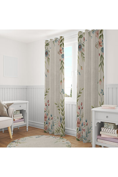 LadiesHome Cream Linen Textured Pastel Floral 140X260 Single Panel Background Curtain