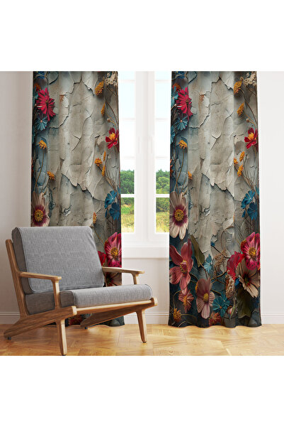 LadiesHome Eskitme Açık Gri Kırmızı Çiçekli 140x260 Tek Kanat Fon Perde