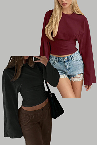 COOL TARZ Black - Burgundy 2-Piece Pack Women's Long Sleeve Waist-Fitted Blouse
