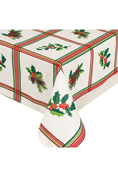 SHOPIENS Christmas Tablecloth, Ecru Plaid with Mistletoe & Pine Cones, 180x14...