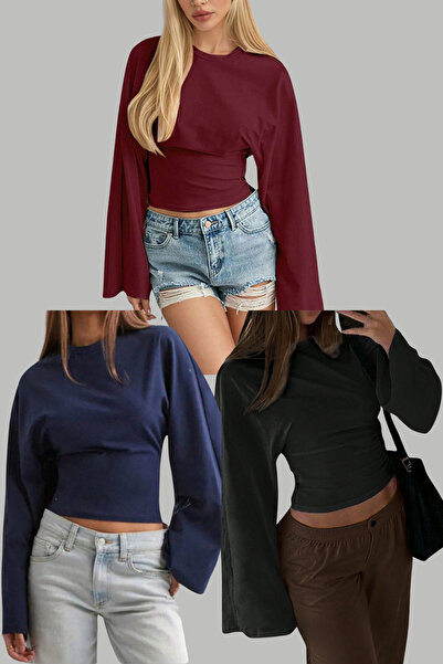 Tarz Cool Чорний - Синій - Бордовий 3-пакет Жіноча блуза з довгими рукавами та поясом на талії