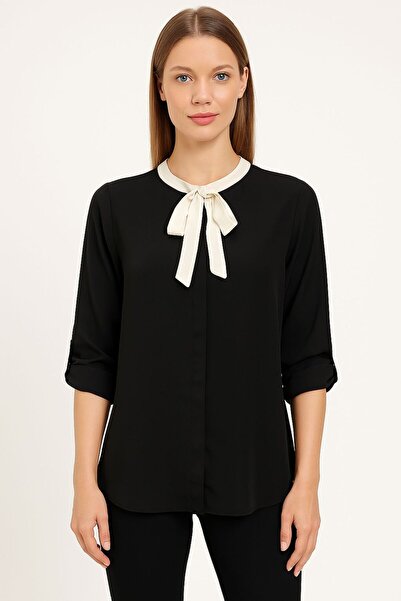 Nuevo Siyah Ekru Kravat Yaka Krep Kadın Gömlek | ŞIK GÖMLEK