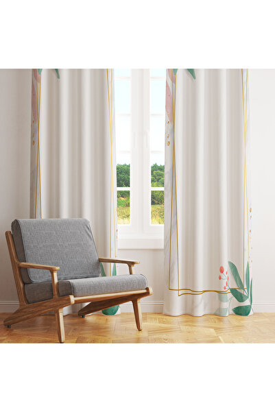 LadiesHome Yeşil Yaprak ve Altın Çerçeveli Modern Tek Kanat Fon Perde 140x260 cm