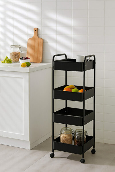 MARIA HOMES 4-Layer Black Metal Storage Trolley with Wheels – Tall Slim Rolling Organizer Cart