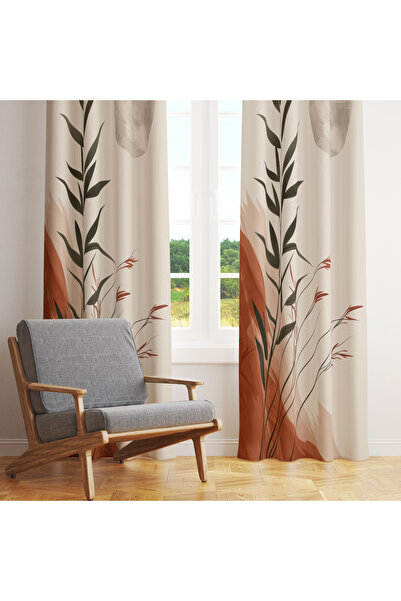 LadiesHome Açık Bej Terracotta Soyut Botanik 140x260 Tek Kanat Fon Perde