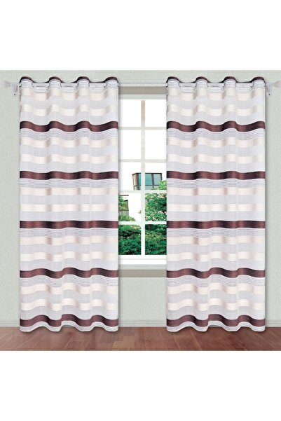 SHOPIENS Chenille Curtain, Striped Design, Beige/Brown, 140x250cm, Rings Included