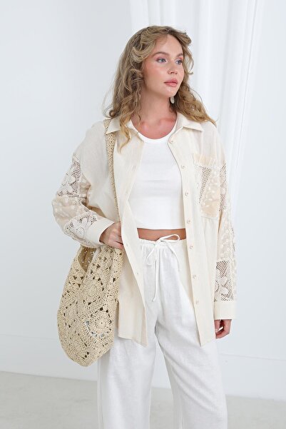 Soul Lace Detailed Oversized Shirt-32324Gml - Beige