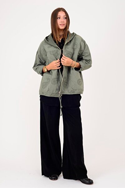 Park Moda 5060 Lova Shawl Pattern Hooded Lace-Like Knit Zippered Quilted Jacket