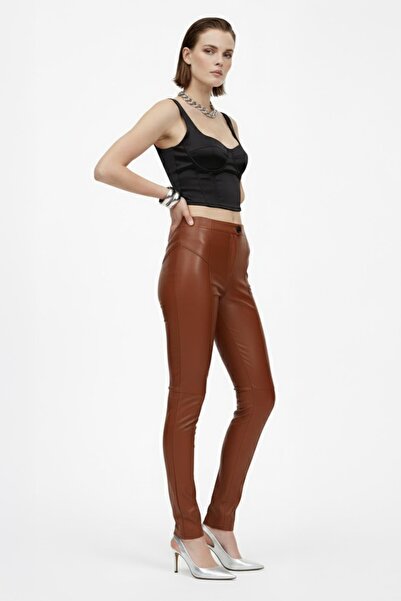 Deriderim Cognac Women's Leggings Unlined Front Zipper Buttoned No Pockets Skinny Leg Genuine Stretch Leather Pants