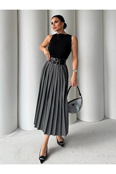 HARMONY GLOBAL Fusta midi cu fantă cu pliuri, cu detaliu dublu curea antracit – cu centură, stil modern de birou și oraș 7232