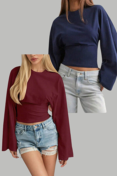 Tarz Cool Navy Blue - Burgundy 2-Piece Pack Women's Long Sleeve Waist-Fitted Blouse