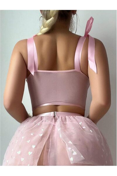 AZZERİ 3 Parça Pembe Tüllü Çiçek ve Kalp Detaylı Şık Kadın Gecelik