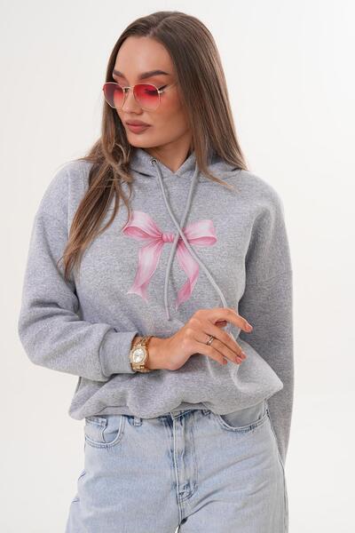 ŞİMAL Women's Bow Printed Hooded Three Thread Sweatshirt 255390 -