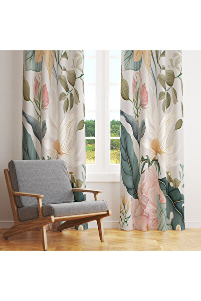 LadiesHome Açık Bej Pastel Yapraklı Lüks 140x260 Tek Kanat Fon Perde