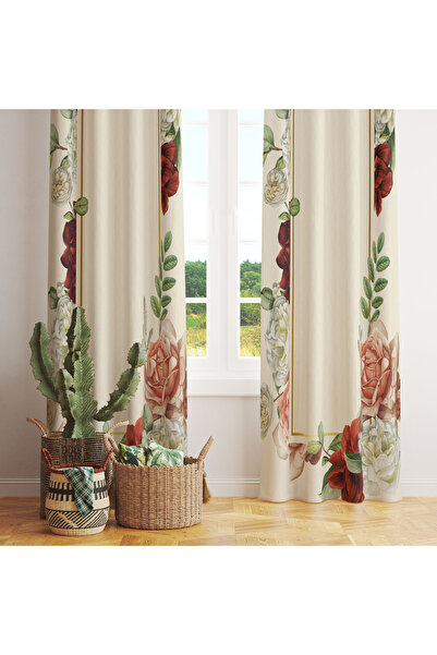LadiesHome Single Wing Background Curtain with Red and White Floral Pattern on Cream Background 140X260 cm
