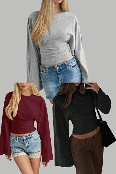 COOL TARZ Black - Gray - Burgundy 3-Pack Women's Long Sleeve Waist-Fitted Blouse