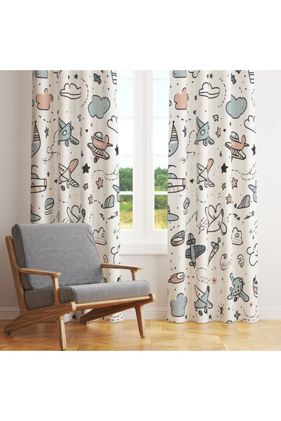 LadiesHome Κουρτίνα με μοτίβο αεροπλάνου σε λευκό παστέλ για παιδιά 140x260 μ...