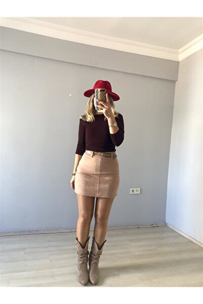 Gözde Tasarım Butik KADIN CAMEL RENGİ KEMERLİ KISA MİNİ SÜET ETEK