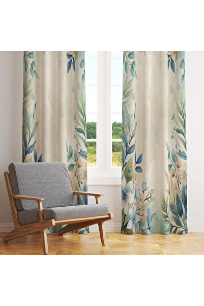LadiesHome Bej deschis Albastru Verde Acuarelă Botanică 140x260 Cortina de fu...