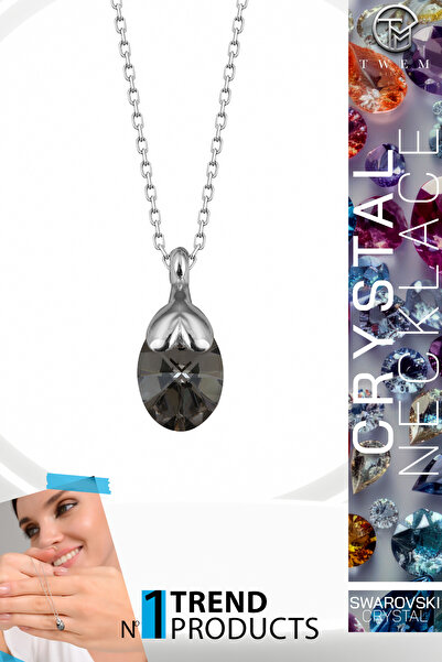 Twem Silver قلادة بيضاوية من الزركونيا والكريستال من سواروفسكي مطلية بالكروم ...