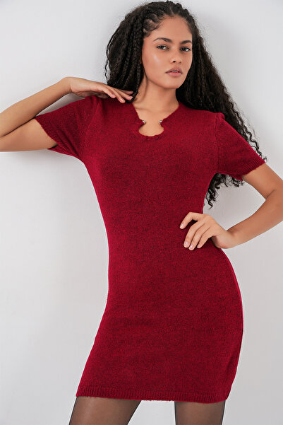 Bigdart Rochie de tricotat cu detaliu colier pentru femei 15989 - Roșu Claret