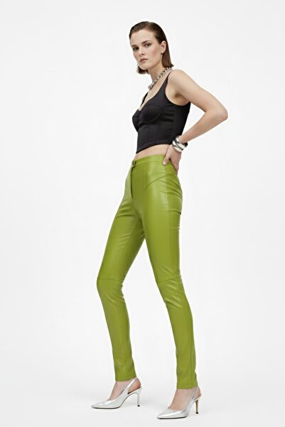 Deriderim Green Women's Leggings Unlined Front Zipper Buttoned No Pockets Skinny Leg Genuine Stretch Leather Pants