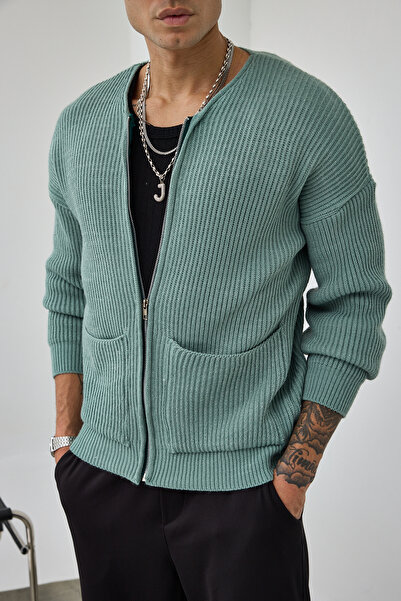 MADZEYMODA Premium Men's Zippered Nefti Green Knitwear Cardigan Ls-62003