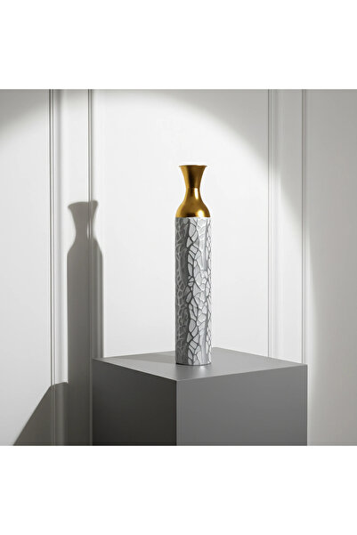 Hinora Vasă metalică de dimensiuni mari, culoare gri, cu detalii aurii, 80x15x15cm