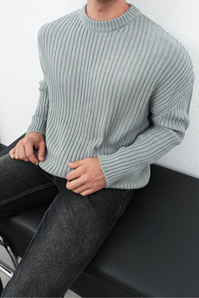Thebomb Oversized Crew Neck Corded Fabric Knitwear Sweater