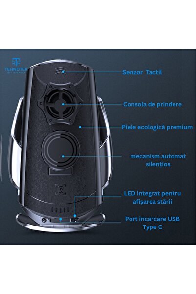 TehnoTek Suport încărcător auto wireless – universal, senzor inteligent, încărcare rapidă 15W, 360°, negru