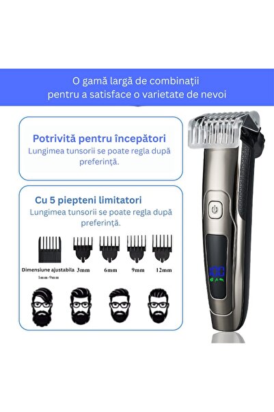 TehnoTek Professional 6-in-1 Hair & Beard Trimmer, IPX5, USB-C, LED, 11 pcs, Silver