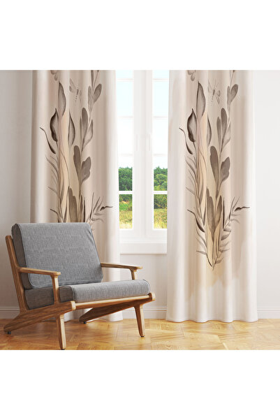 LadiesHome Bej Zemin Üzerine Sepya Tonlarında Yaprak ve Kelebek Desenli Tek K...