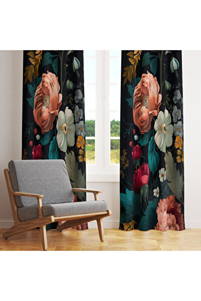 LadiesHome Siyah Zemin Barok Çiçek Desenli Tek Kanat Fon Perde 140x260 cm