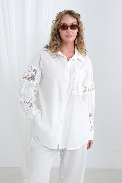 Soul Lace Detailed Oversized Shirt-32324Gml - Ecru