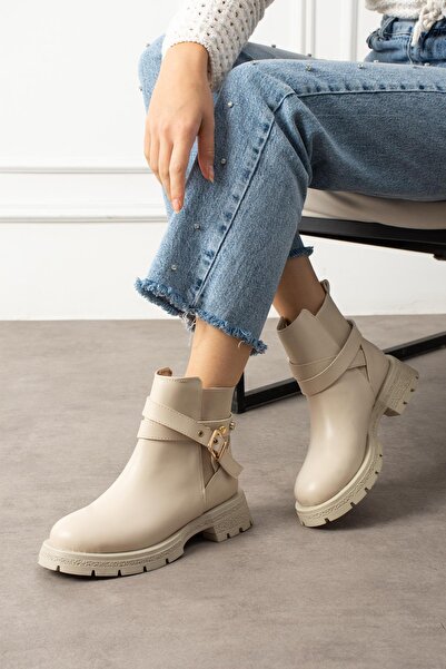 ShoeTek Γυναικείες μπότες Hesva με φερμουάρ και λουράκι με αγκράφα μπεζ δέρμα