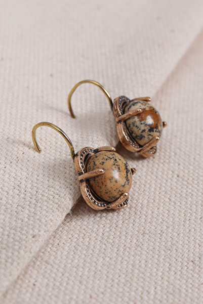 Süspüs Accessories Brown Jasper Stone Flower Model Authentic Earrings